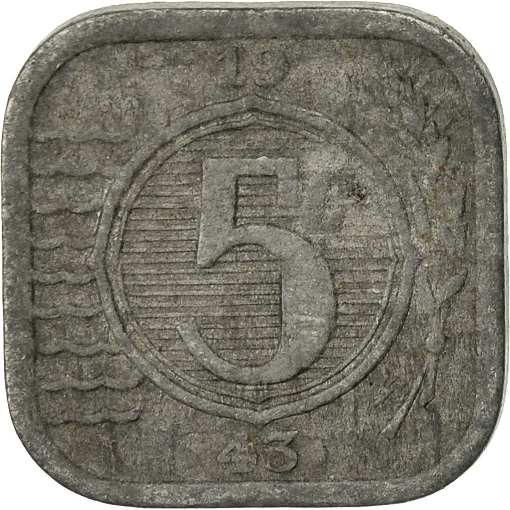 Coin, Netherlands, Wilhelmina I, 5 Cents, 1943, VF(20-25), Zinc, KM:172