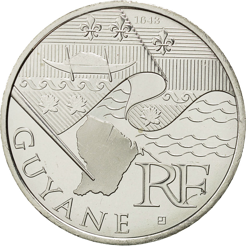 France, 10 Euro, Guyane, 2010, MS(64), Silver, KM:1654