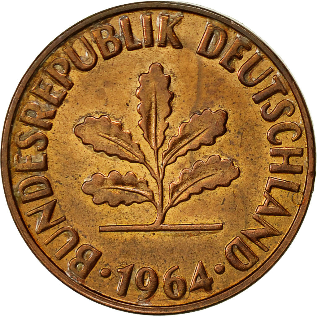 Coin, GERMANY - FEDERAL REPUBLIC, 2 Pfennig, 1964, Karlsruhe, EF(40-45), Bronze