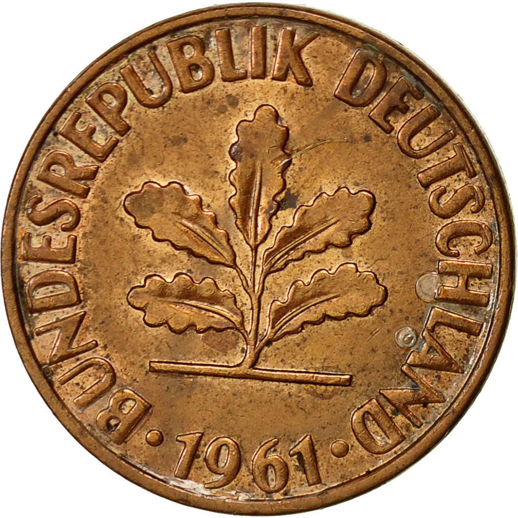 Coin, GERMANY - FEDERAL REPUBLIC, 2 Pfennig, 1961, Karlsruhe, VF(20-25), Bronze