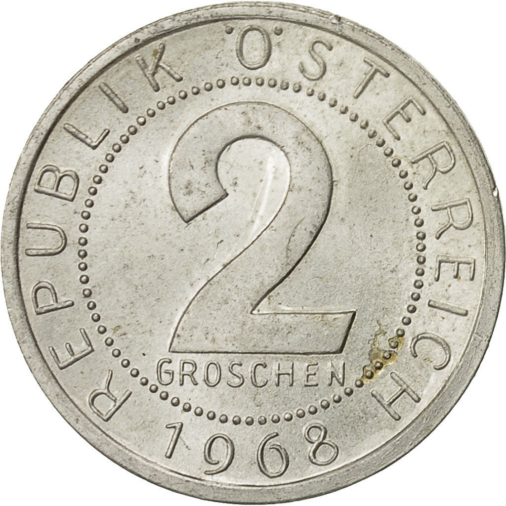 Coin, Austria, 2 Groschen, 1968, EF(40-45), Aluminum, KM:2876