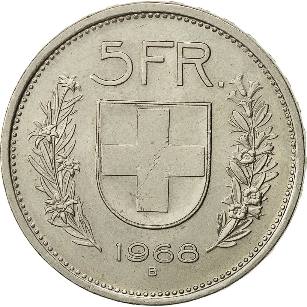 Coin, Switzerland, 5 Francs, 1968, Bern, EF(40-45), Copper-nickel, KM:40a.1