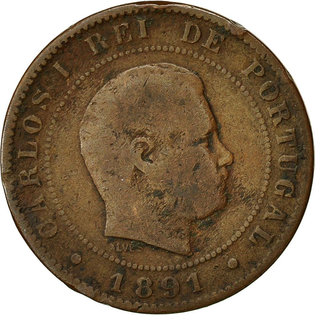Munten, Portugal, Carlos I, 10 Reis, 1891, Portugal Mint, Paris, FR, Bronze