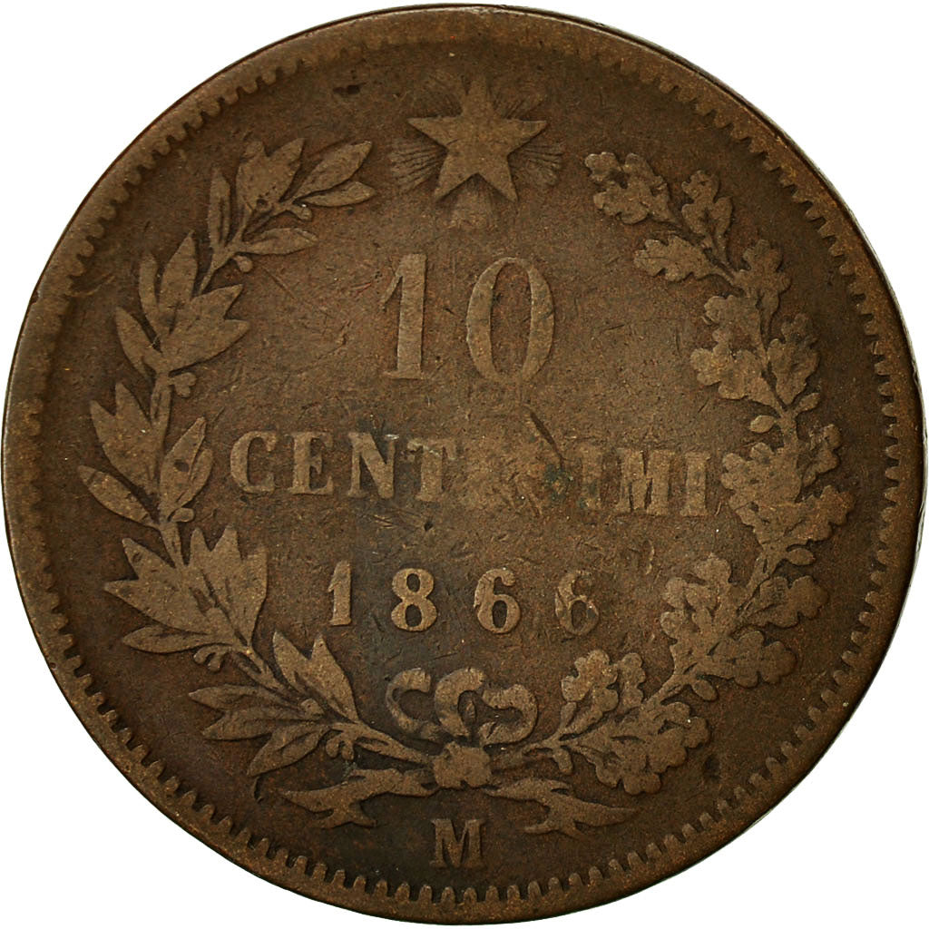Moneta, Italia, Vittorio Emanuele II, 10 Centesimi, 1866, Milan, MB, Rame