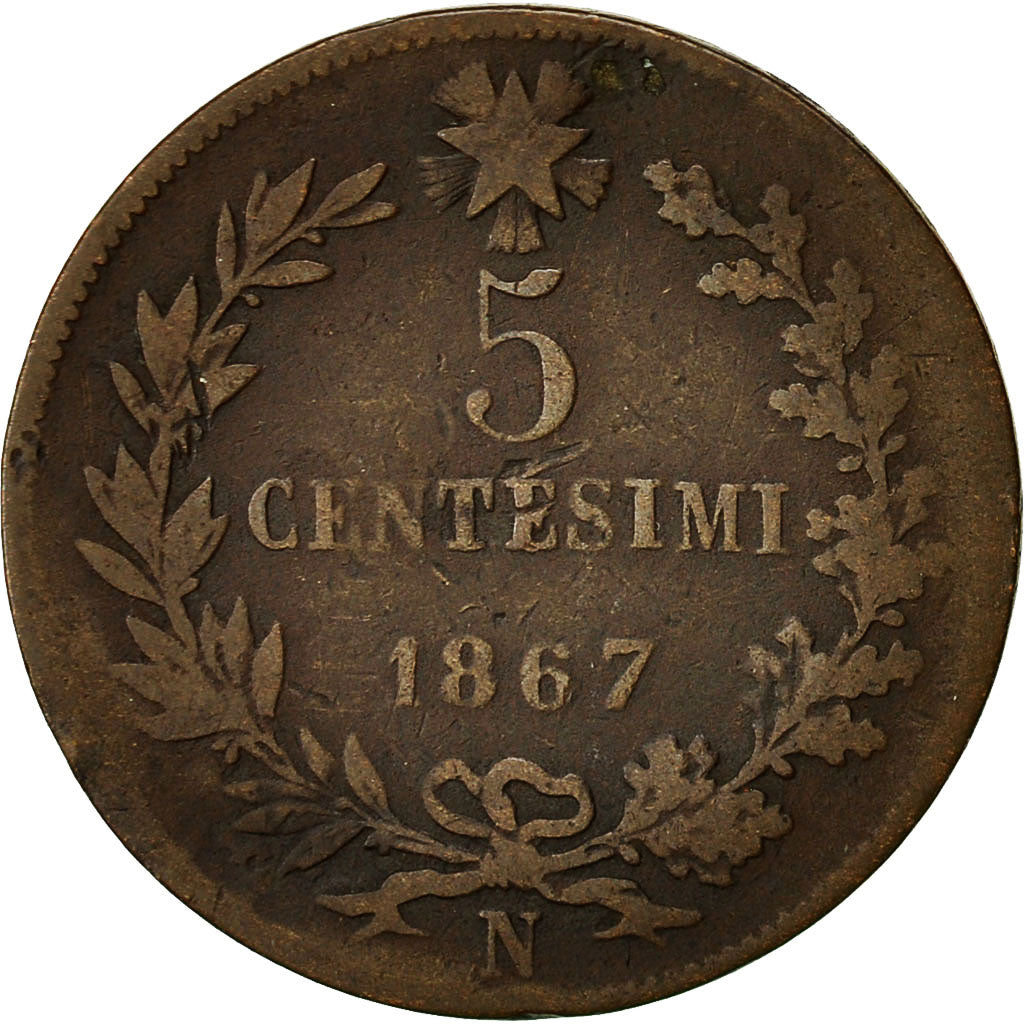 Coin, Italy, Vittorio Emanuele II, 5 Centesimi, 1867, Naples, EF(40-45), Copper
