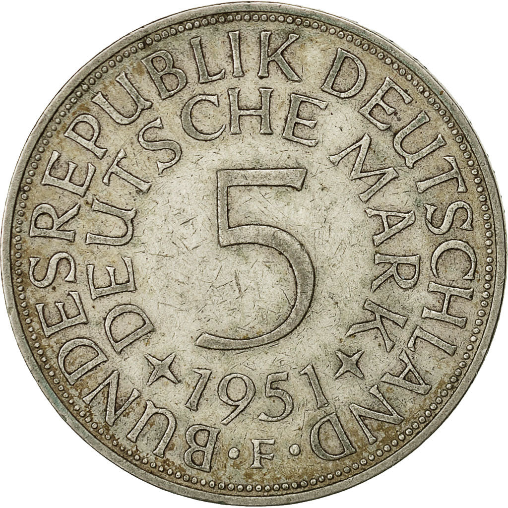 Coin, GERMANY - FEDERAL REPUBLIC, 5 Mark, 1951, Stuttgart, EF(40-45), Silver