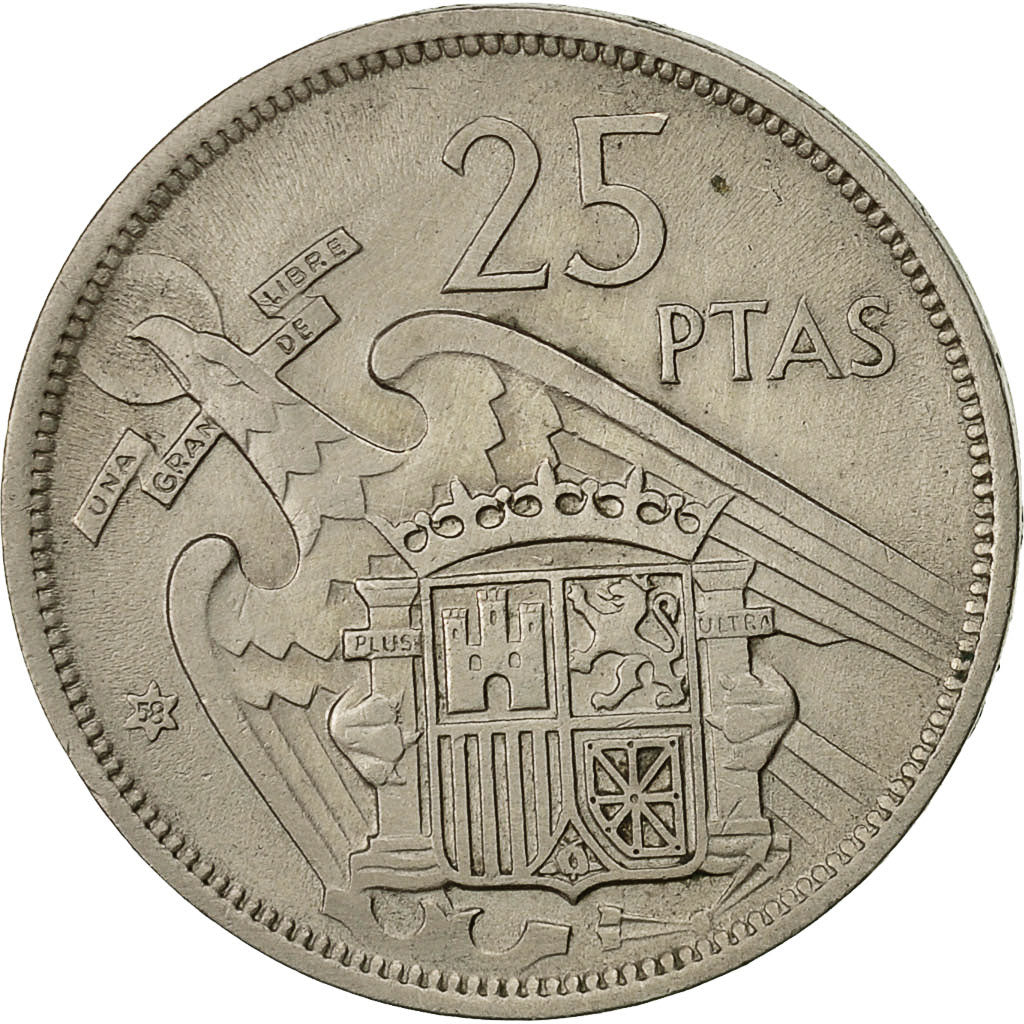 Moneta, Spagna, Caudillo and regent, 25 Pesetas, 1957, BB, Rame-nichel, KM:787