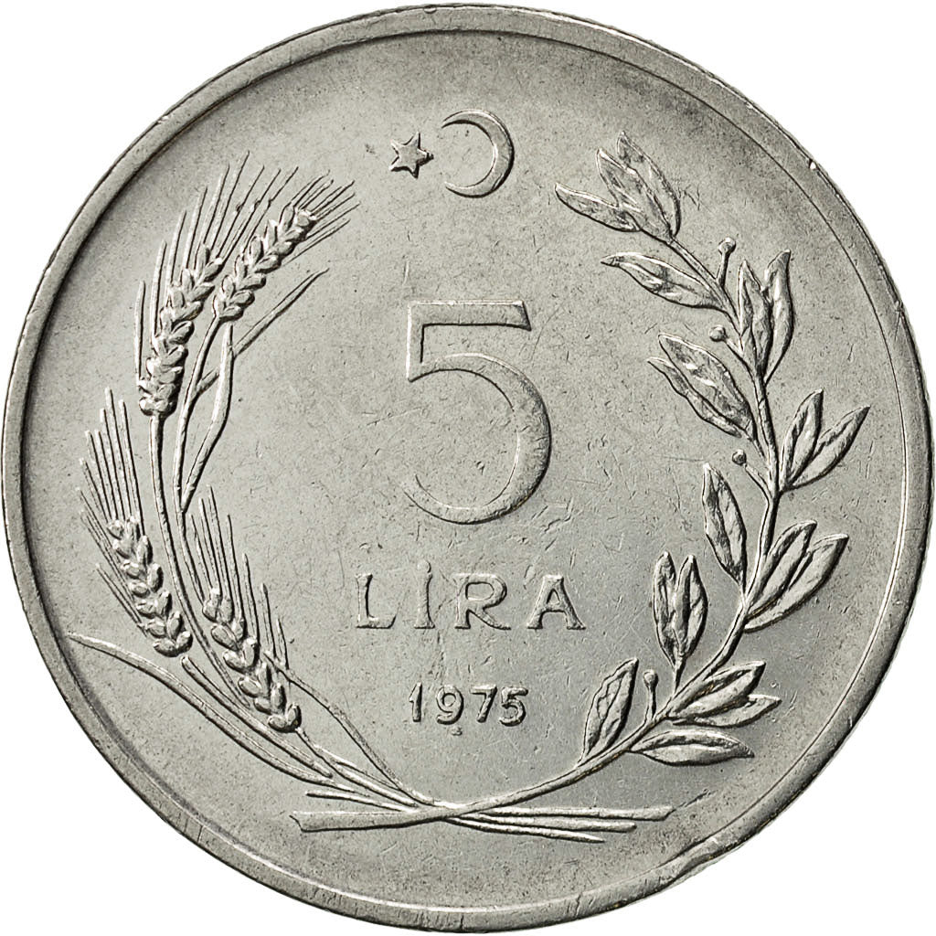 Moneta, Turcja, 5 Lira, 1975, EF(40-45), Stal nierdzewna, KM:905