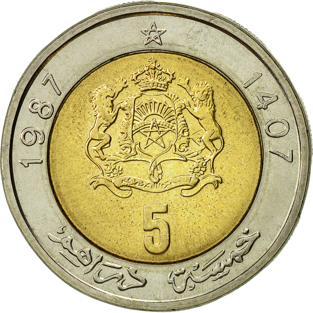 Coin, Morocco, al-Hassan II, 5 Dirhams, 1987, EF(40-45), Bi-Metallic, KM:82