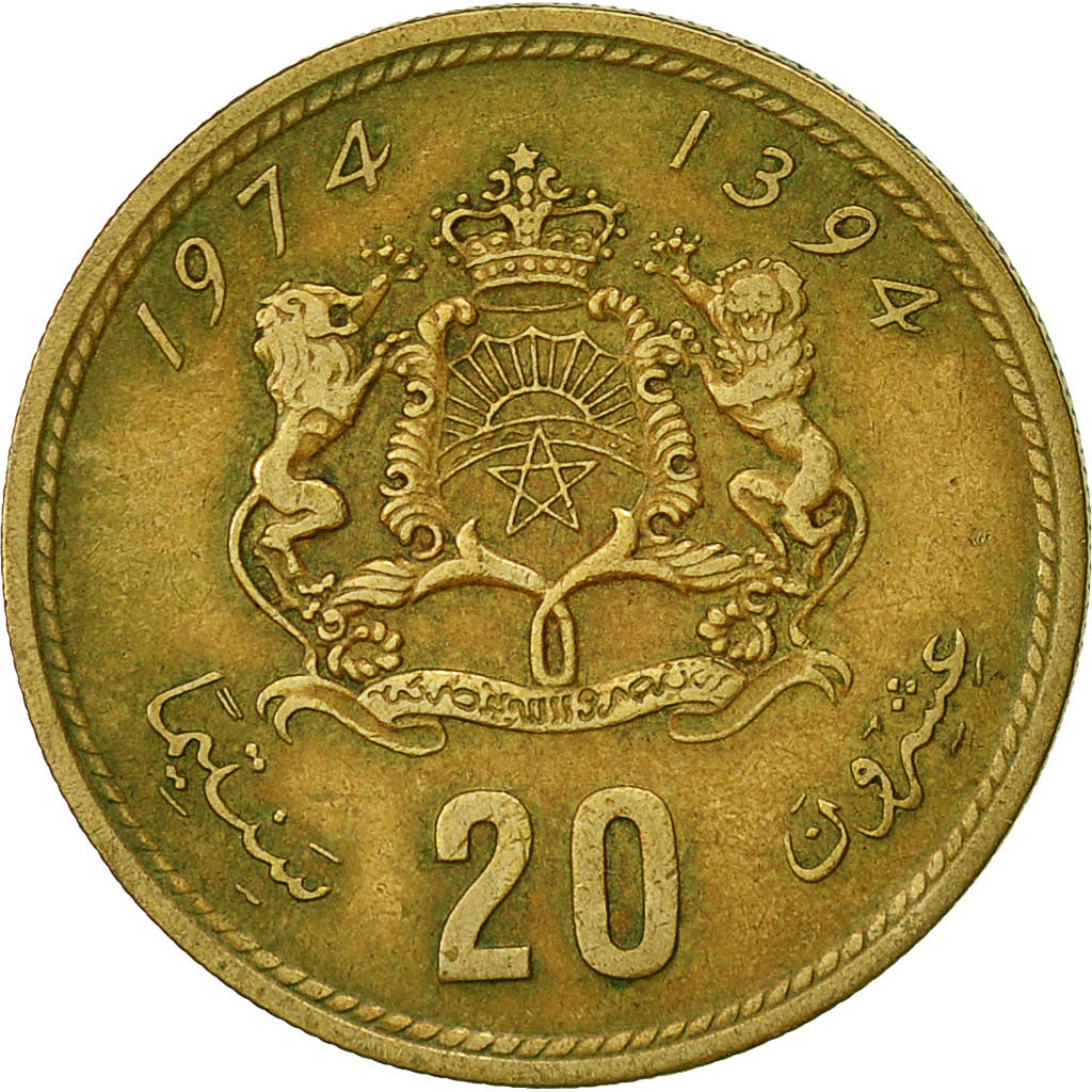 Coin, Morocco, al-Hassan II, 20 Santimat, 1974, EF(40-45), Aluminum-Bronze