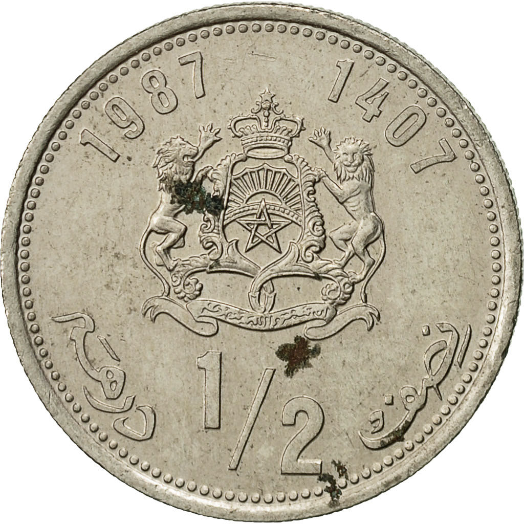 Moneta, Marocco, al-Hassan II, 1/2 Dirham, 1987, BB, Rame-nichel, KM:87