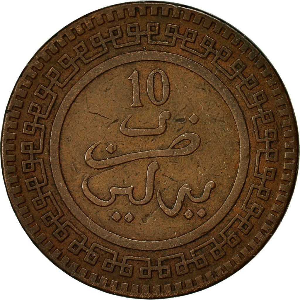Moneta, Marocco, 'Abd al-Aziz, 10 Mazunas, 1902, BB, Bronzo, KM:17.1