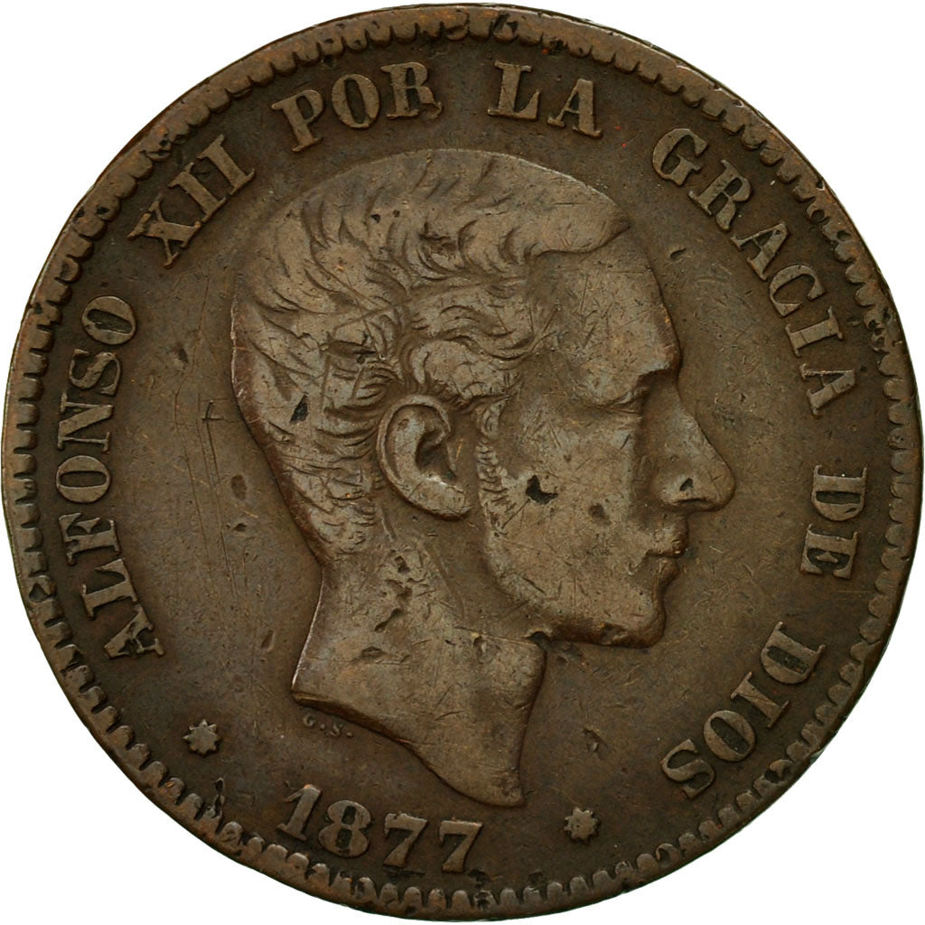 Moneta, Hiszpania, Alfonso XII, 10 Centimos, 1877, EF(40-45), Bronze, KM:675