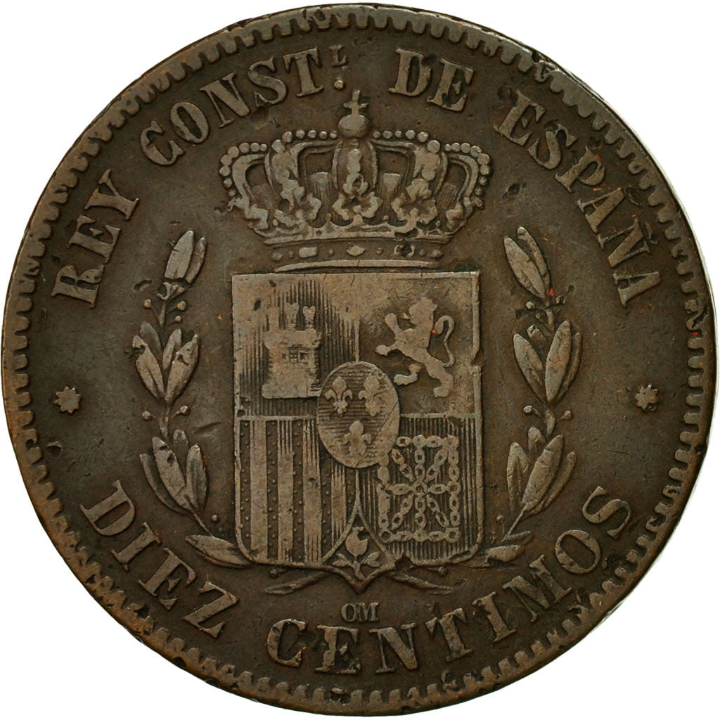 Moneta, Hiszpania, Alfonso XII, 10 Centimos, 1877, EF(40-45), Bronze, KM:675