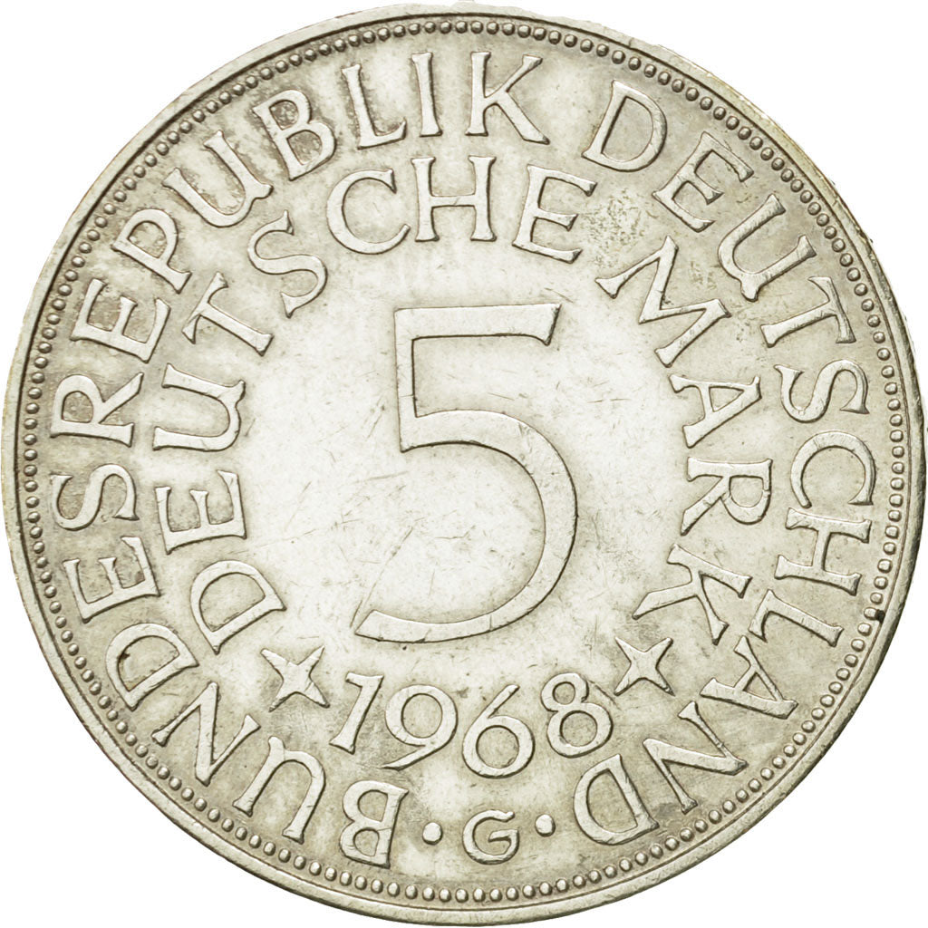 Coin, GERMANY - FEDERAL REPUBLIC, 5 Mark, 1968, Karlsruhe, AU(55-58), Silver