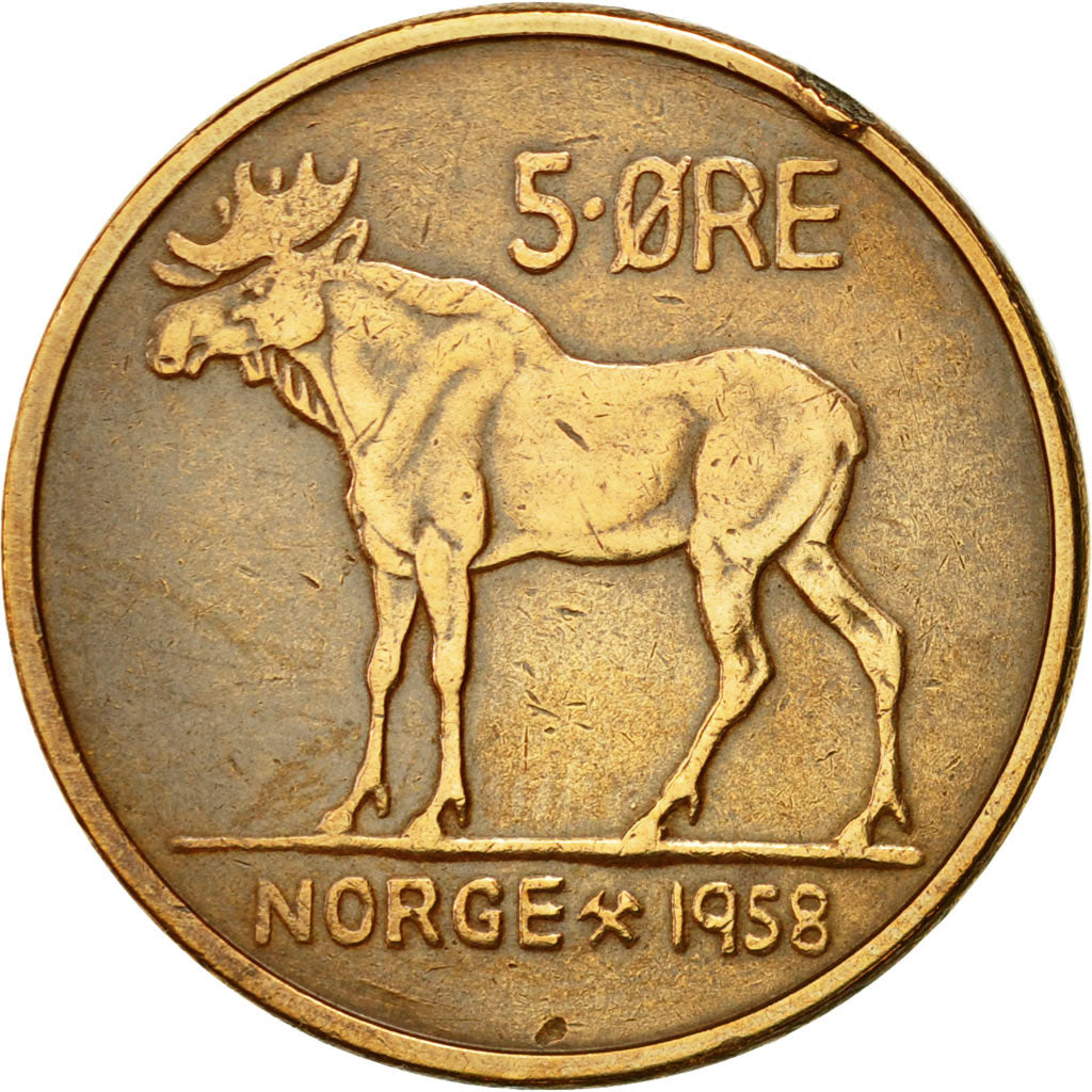Coin, Norway, Olav V, 5 Öre, 1958, AU(55-58), Bronze, KM:405