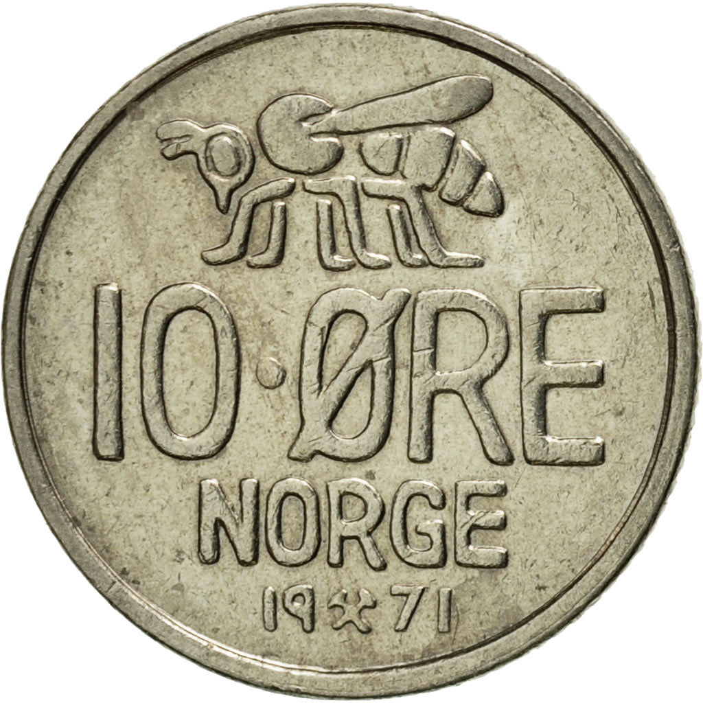Coin, Norway, Olav V, 10 Öre, 1971, EF(40-45), Copper-nickel, KM:411