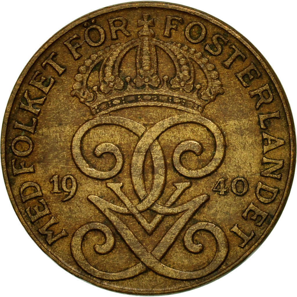 Moneta, Svezia, Gustaf V, 2 Öre, 1940, MB, Bronzo, KM:778