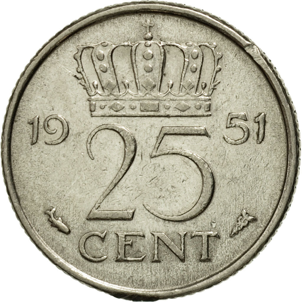 Moneda, Países Bajos, Juliana, 25 Cents, 1951, BC+, Níquel, KM:183