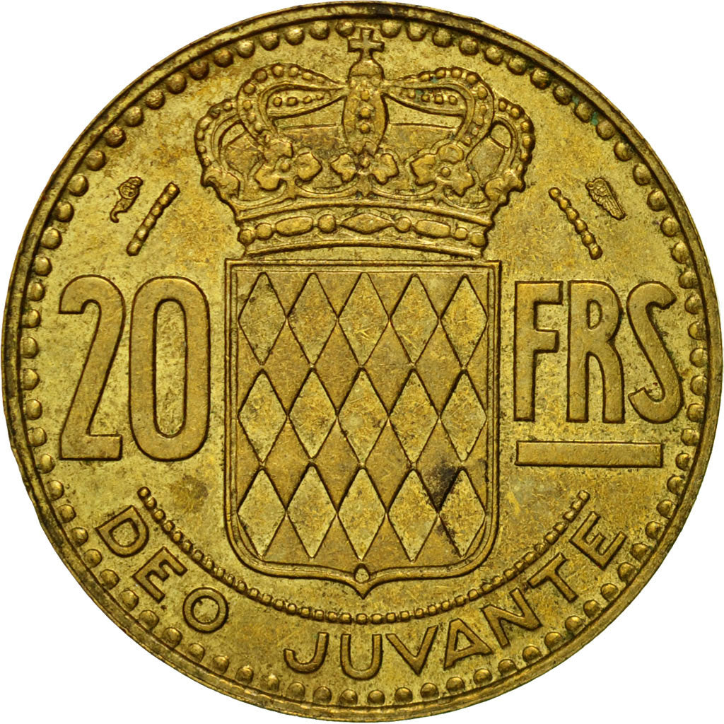 Coin, Monaco, Rainier III, 20 Francs, Vingt, 1950, VF(20-25), Aluminum-Bronze
