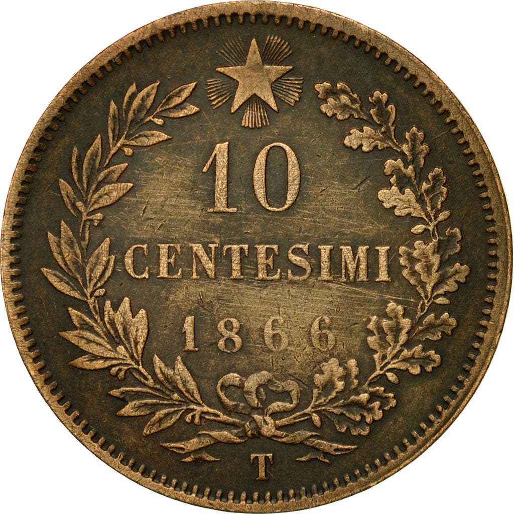 Moneta, Italia, Vittorio Emanuele II, 10 Centesimi, 1866, Torino, BB, Rame