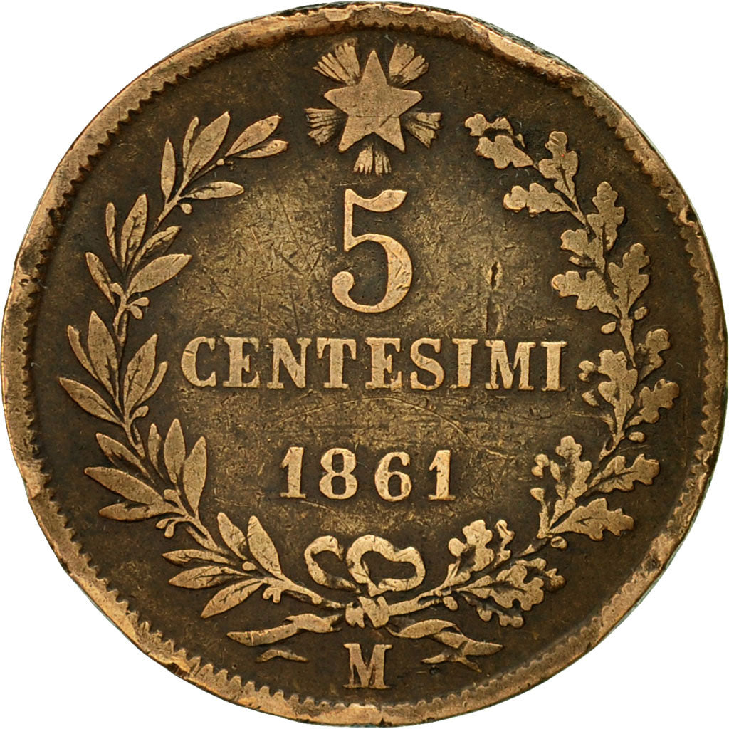 Coin, Italy, Vittorio Emanuele II, 5 Centesimi, 1861, Milan, EF(40-45), Copper