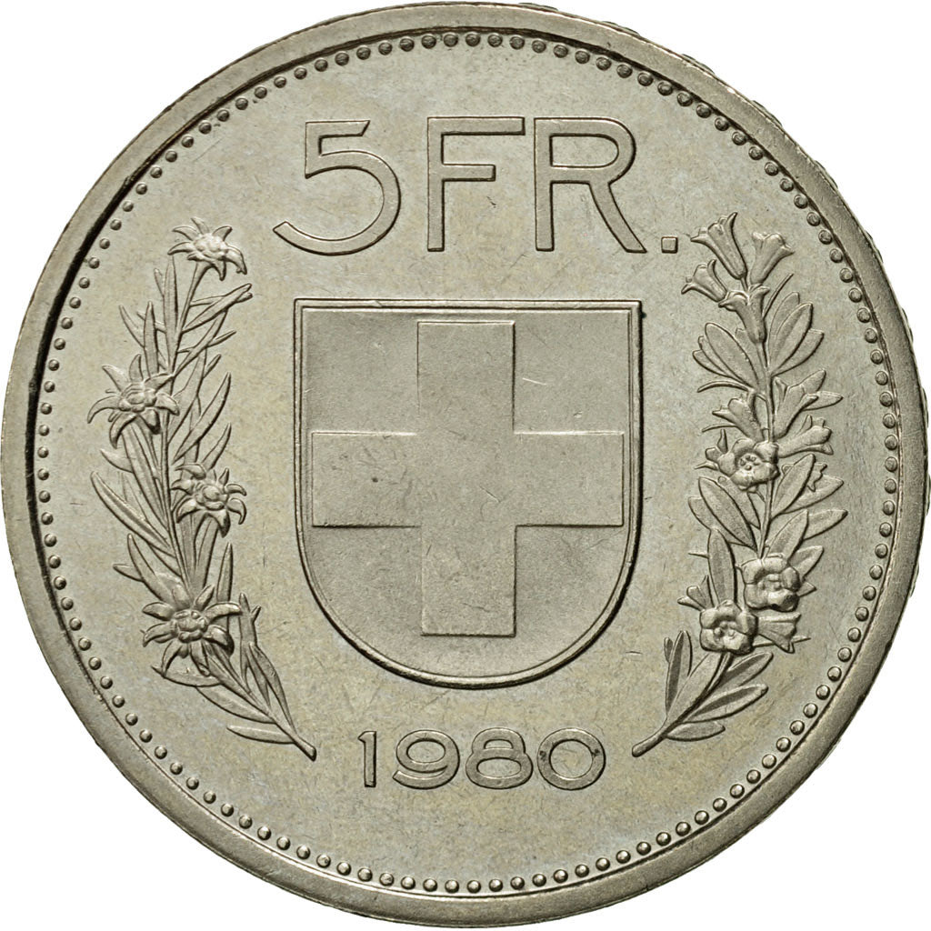 Coin, Switzerland, 5 Francs, 1980, Bern, EF(40-45), Copper-nickel, KM:40a.1
