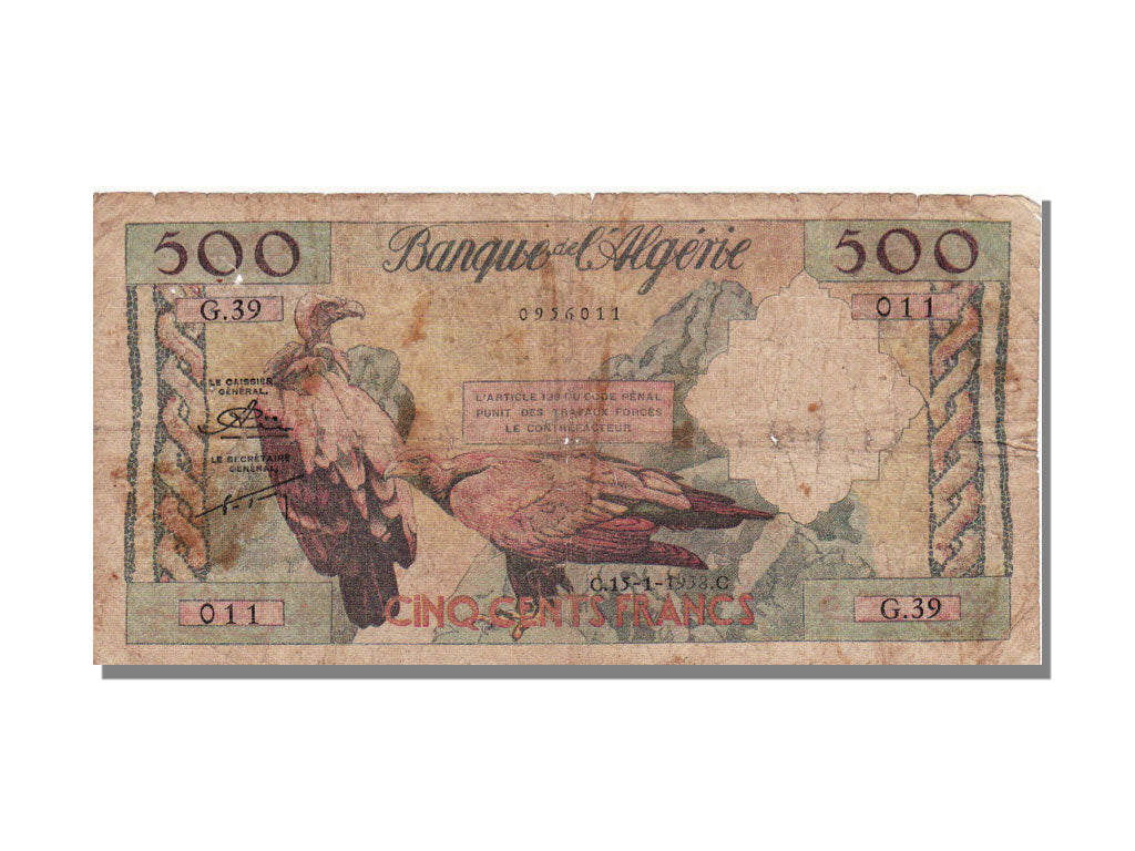 Algeria, 500 Francs, 1958, 1958-01-15, VG(8-10)