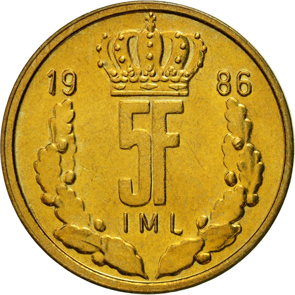 Coin, Luxembourg, Jean, 5 Francs, 1986, AU(55-58), Aluminum-Bronze, KM:60.1