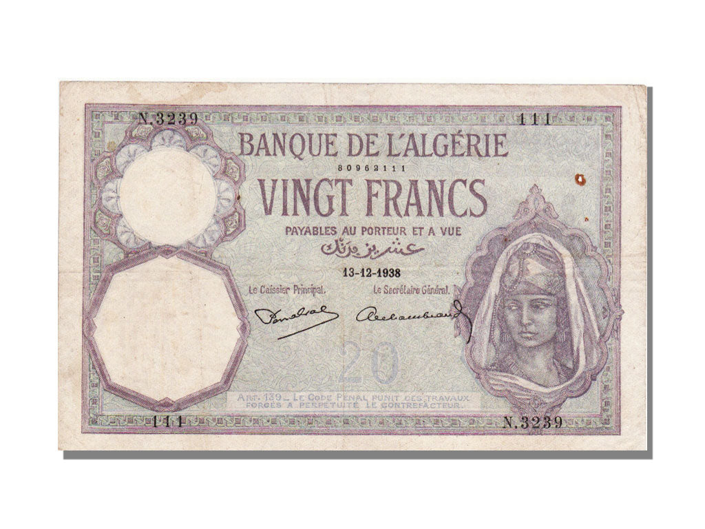 Algeria, 20 Francs, 1938, 1938-12-13, EF(40-45), N.3239