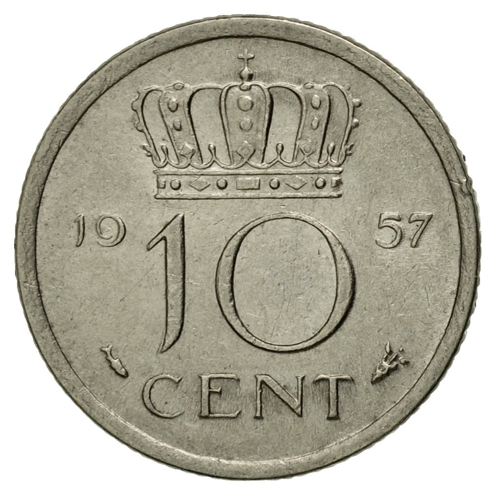 Coin, Netherlands, Juliana, 10 Cents, 1957, EF(40-45), Nickel, KM:182