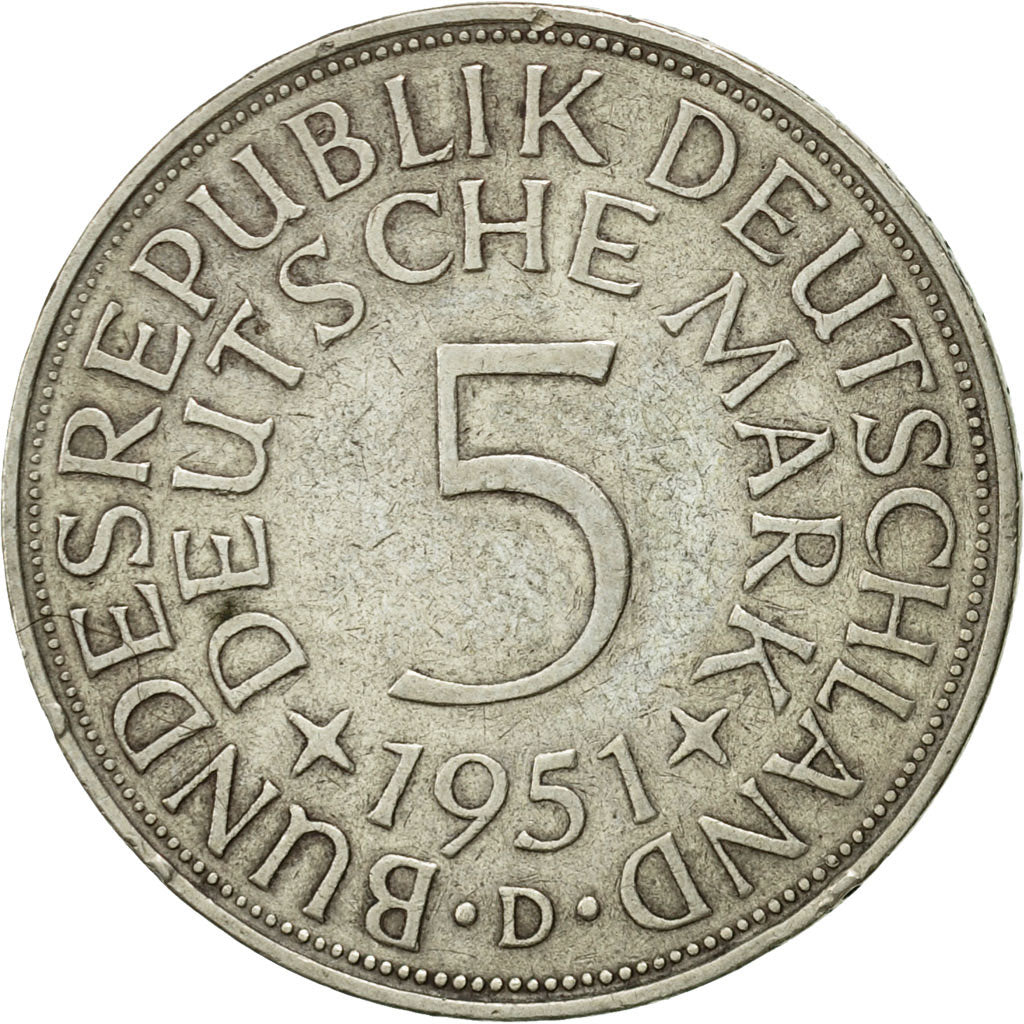 Coin, GERMANY - FEDERAL REPUBLIC, 5 Mark, 1951, Munich, EF(40-45), Silver