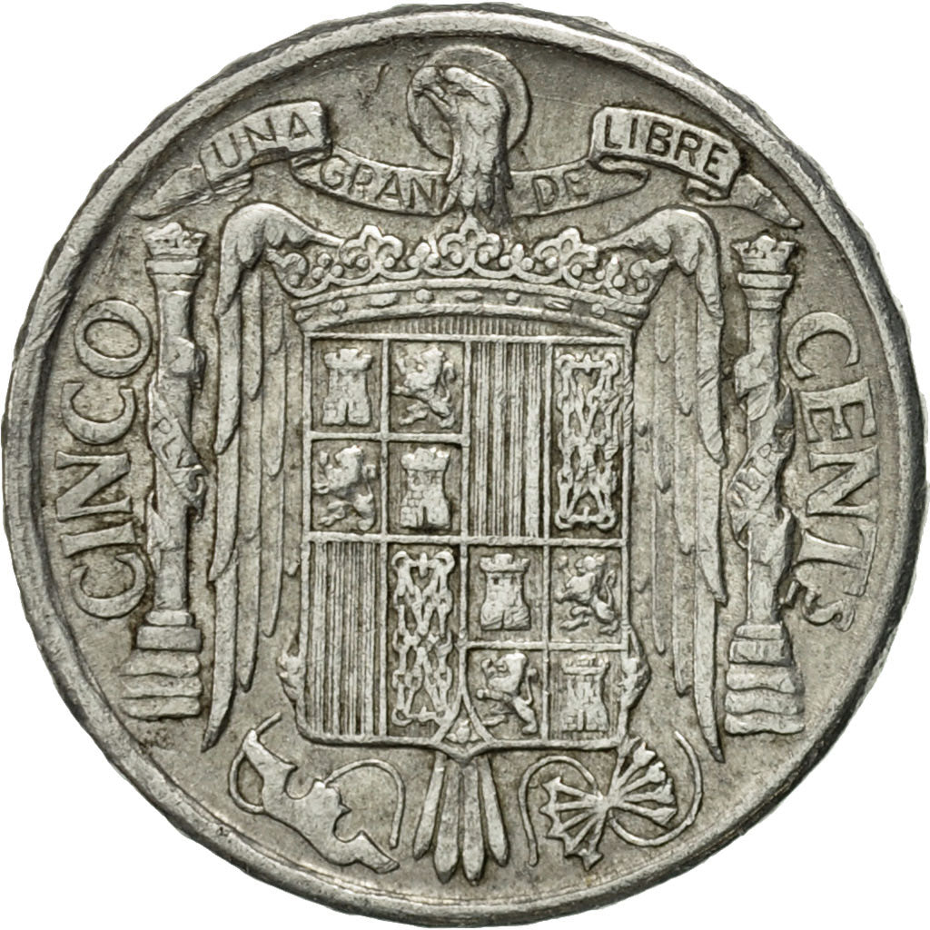 Coin, Spain, 5 Centimos, 1941, EF(40-45), Aluminum, KM:765