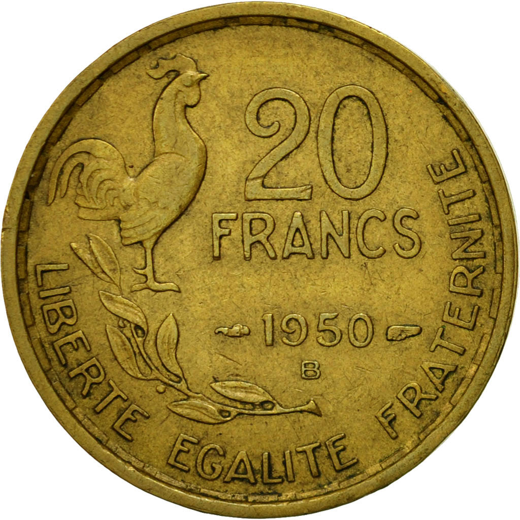 Moneda, Francia, Guiraud, 20 Francs, 1950, Beaumont - Le Roger, MBC, Aluminio -