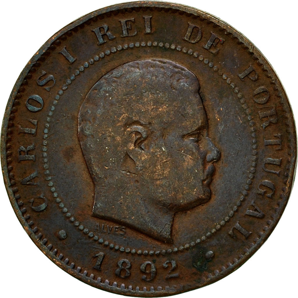 Moneta, Portugal, Carlos I, 10 Reis, 1892, Portugal Mint, EF(40-45), Bronze