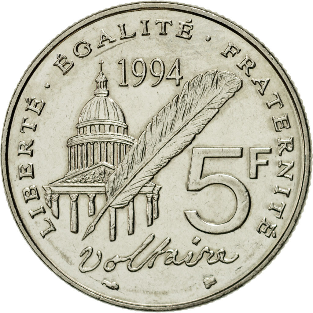 Moneta, Francja, Voltaire, 5 Francs, 1994, Paris, AU(55-58), Nikiel, KM:1063