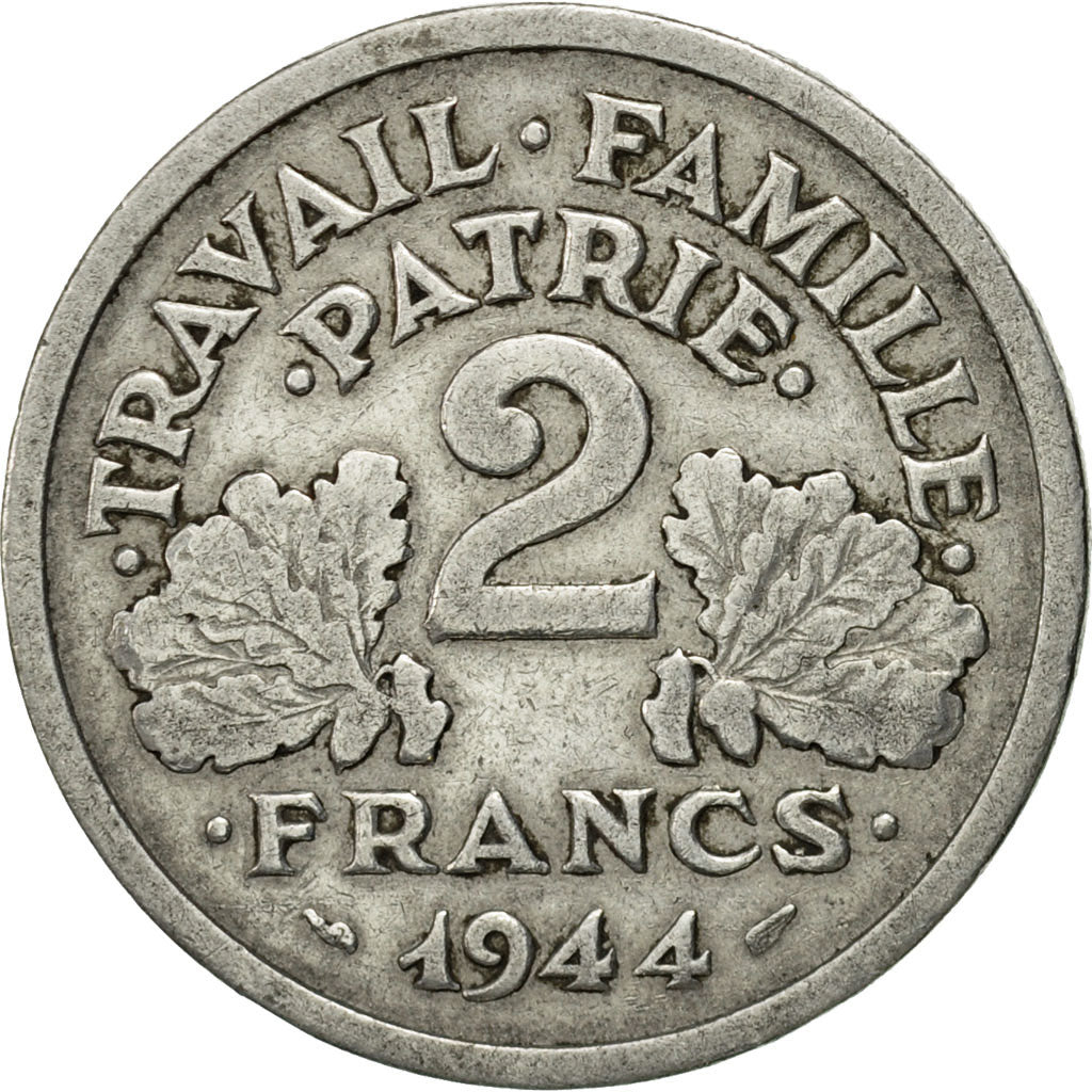 Moneda, Francia, Bazor, 2 Francs, 1944, Beaumont - Le Roger, MBC, Aluminio