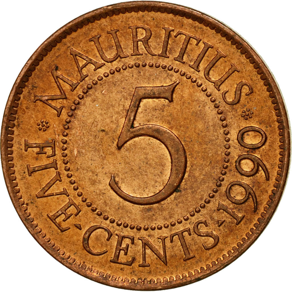 Coin, Mauritius, 5 Cents, 1990, EF(40-45), Copper Plated Steel, KM:52
