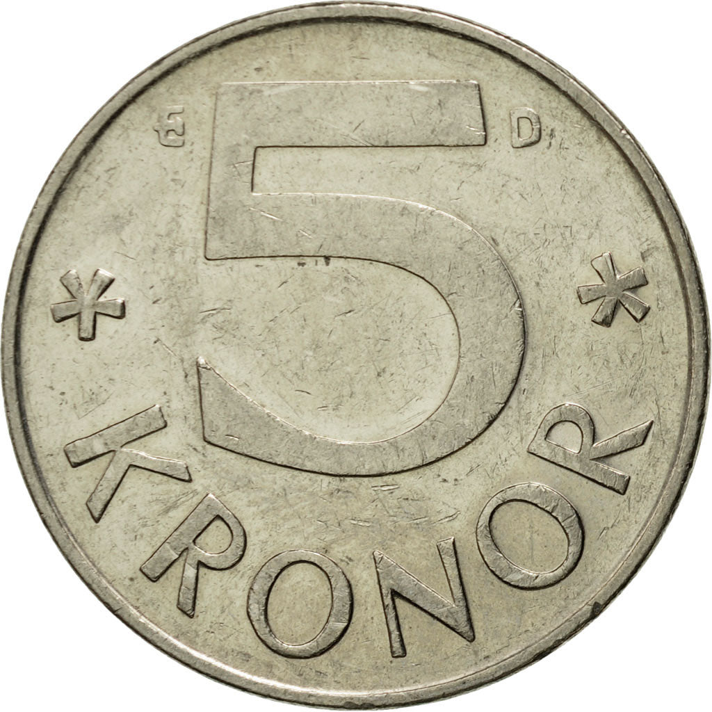 Coin, Sweden, Carl XVI Gustaf, 5 Kronor, 1990, EF(40-45), Copper-nickel, KM:853