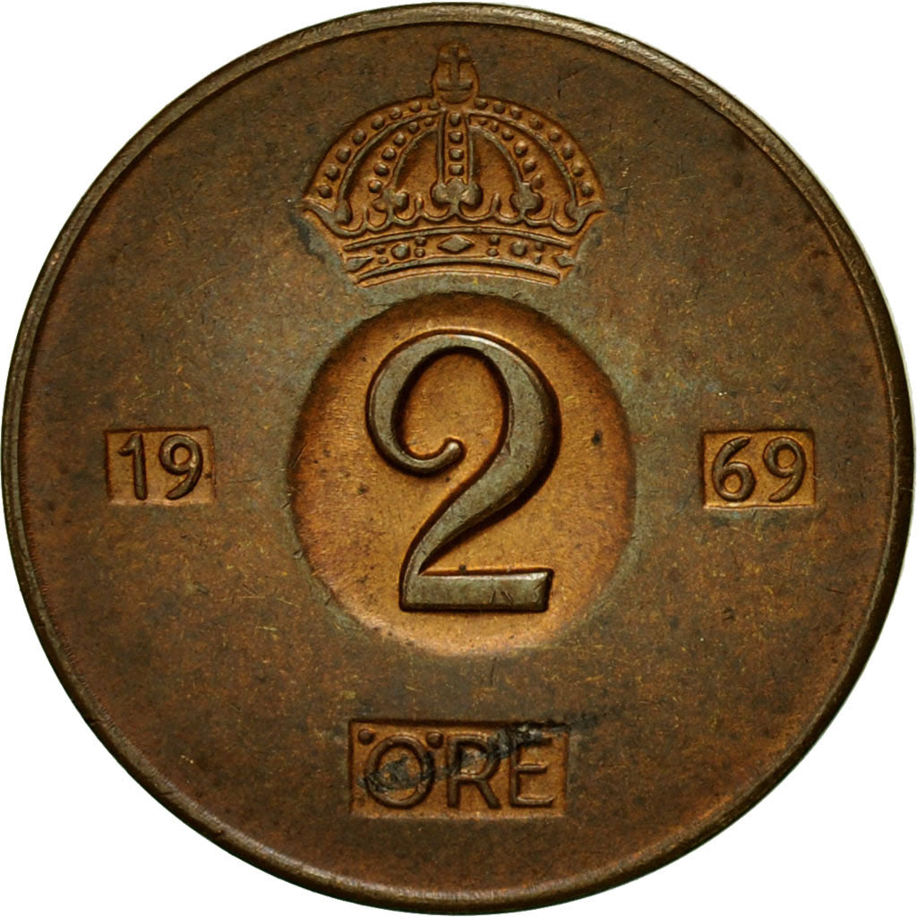 Coin, Sweden, Gustaf VI, 2 Öre, 1969, EF(40-45), Bronze, KM:821