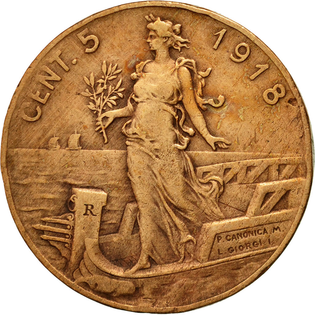 Coin, Italy, Vittorio Emanuele III, 5 Centesimi, 1918, Rome, EF(40-45), Bronze