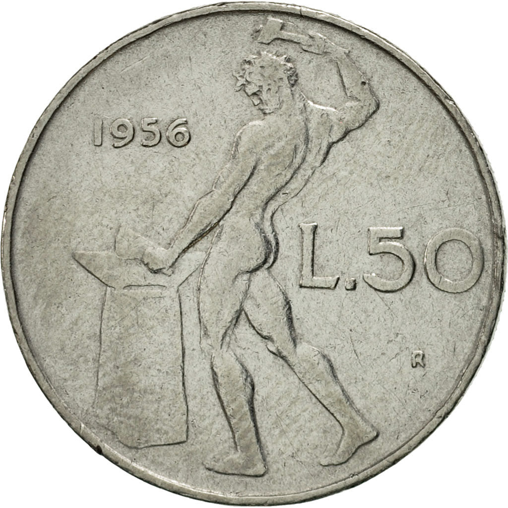 Coin, Italy, 50 Lire, 1956, Rome, EF(40-45), Stainless Steel, KM:95.1