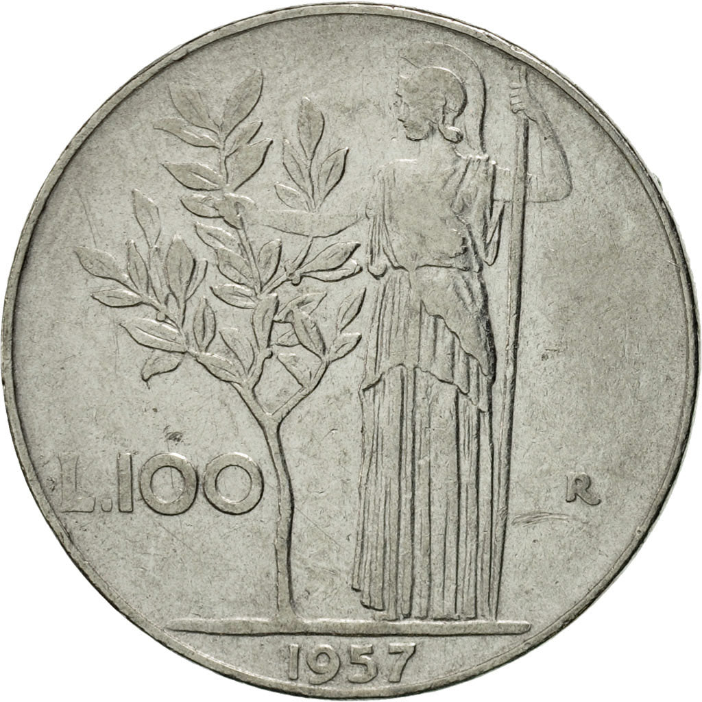 Coin, Italy, 100 Lire, 1957, Rome, AU(55-58), Stainless Steel, KM:96.1