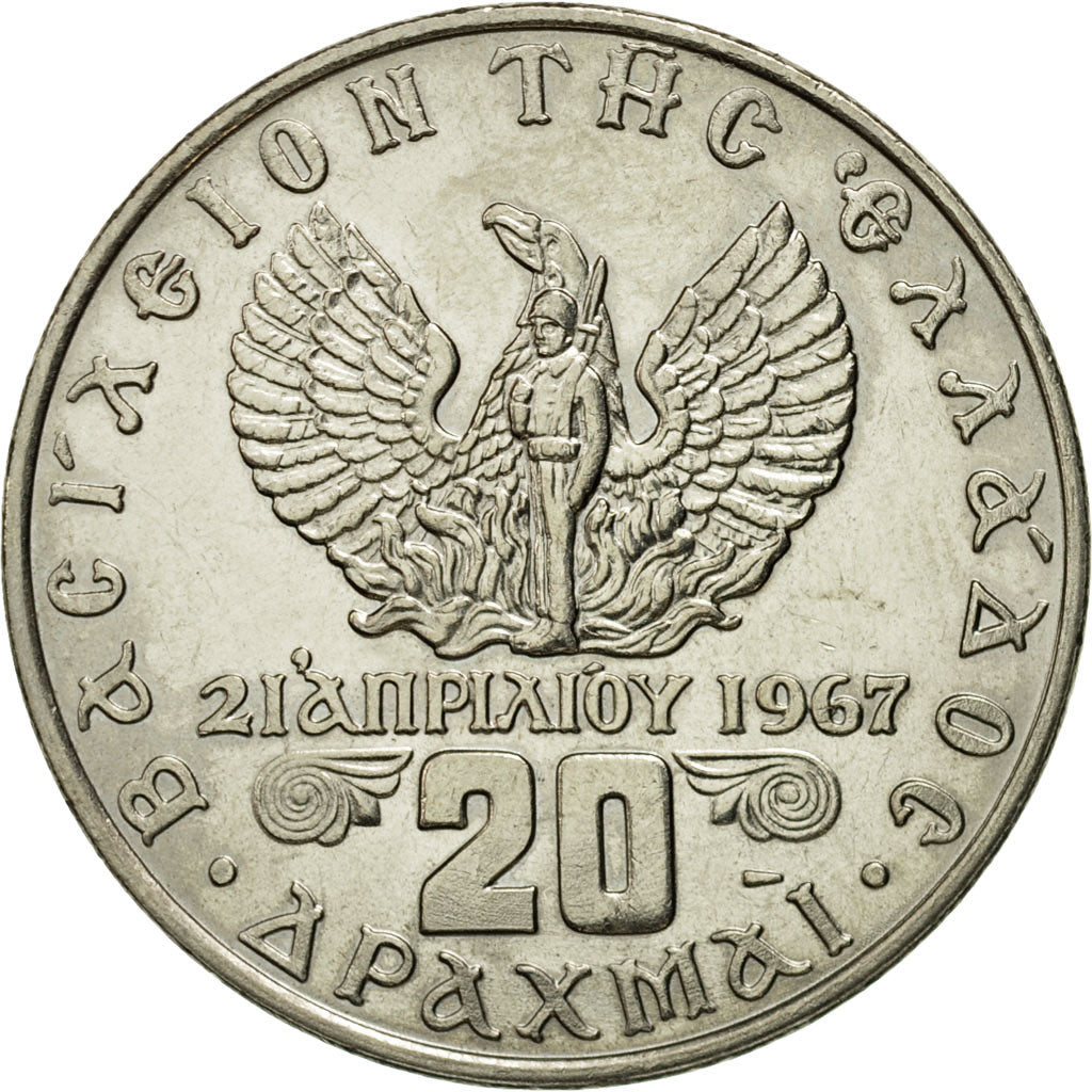 Coin, Greece, Constantine II, 20 Drachmai, 1973, AU(55-58), Copper-nickel