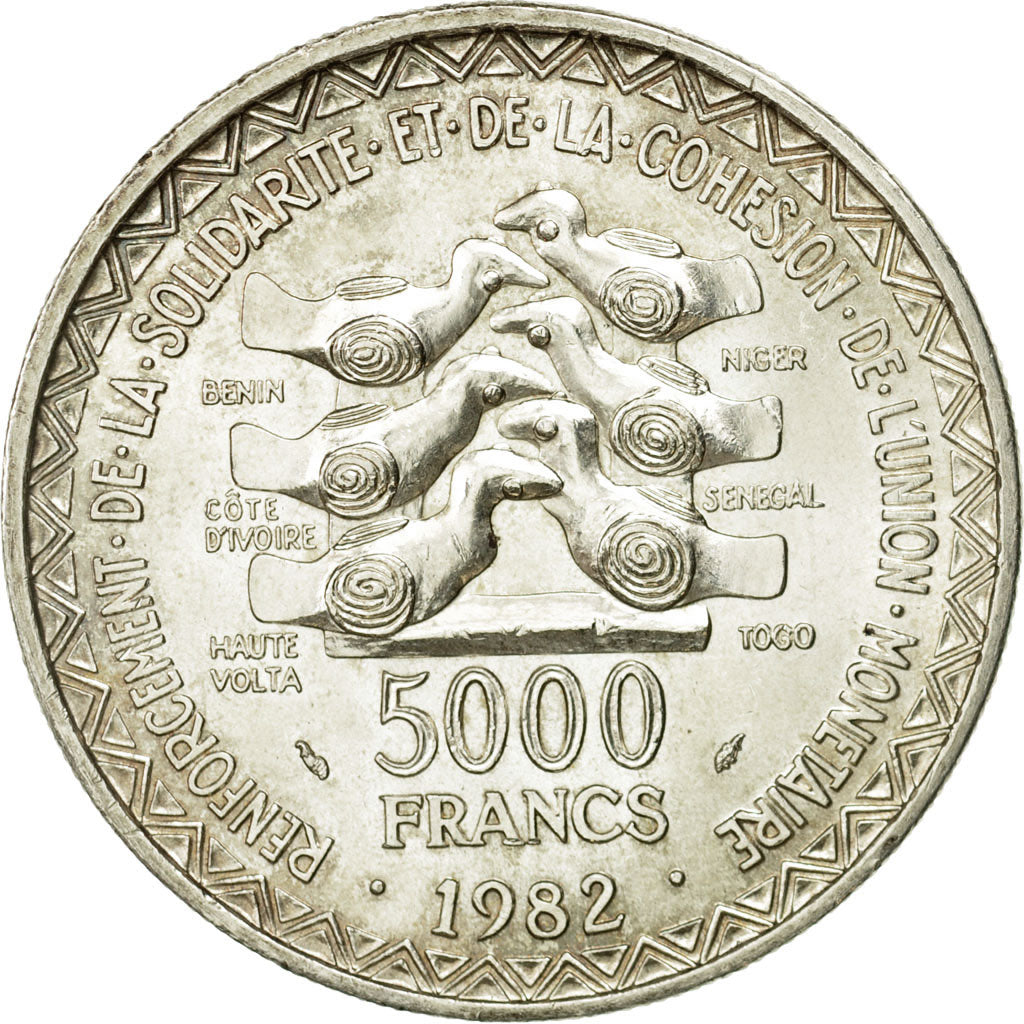 Coin, West African States, 5000 Francs, 1982, Paris, AU(55-58), Silver, KM:11