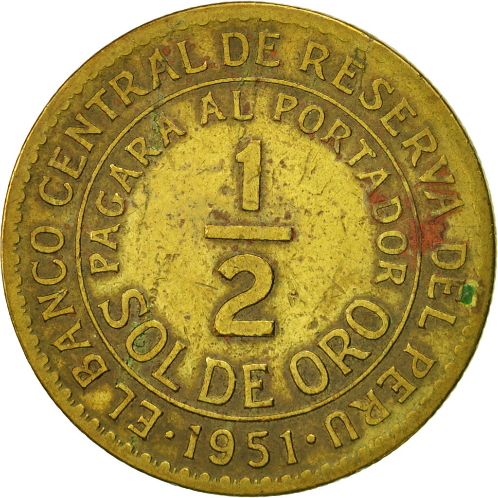 Coin, Peru, 1/2 Sol, 1951, Lima, VF(20-25), Brass, KM:220.5