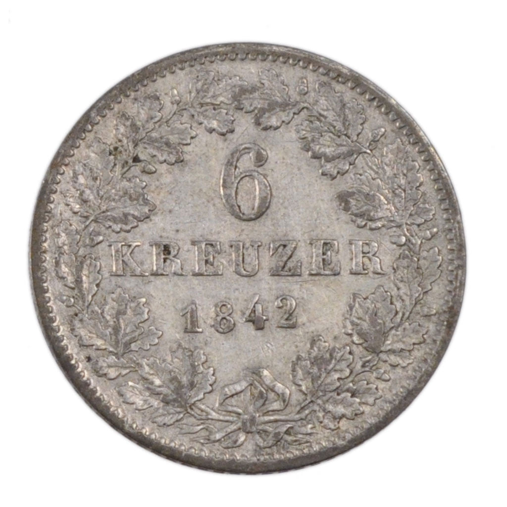 GERMAN STATES, 6 Kreuzer, 1842, KM #210, EF(40-45), Silver, 2.50