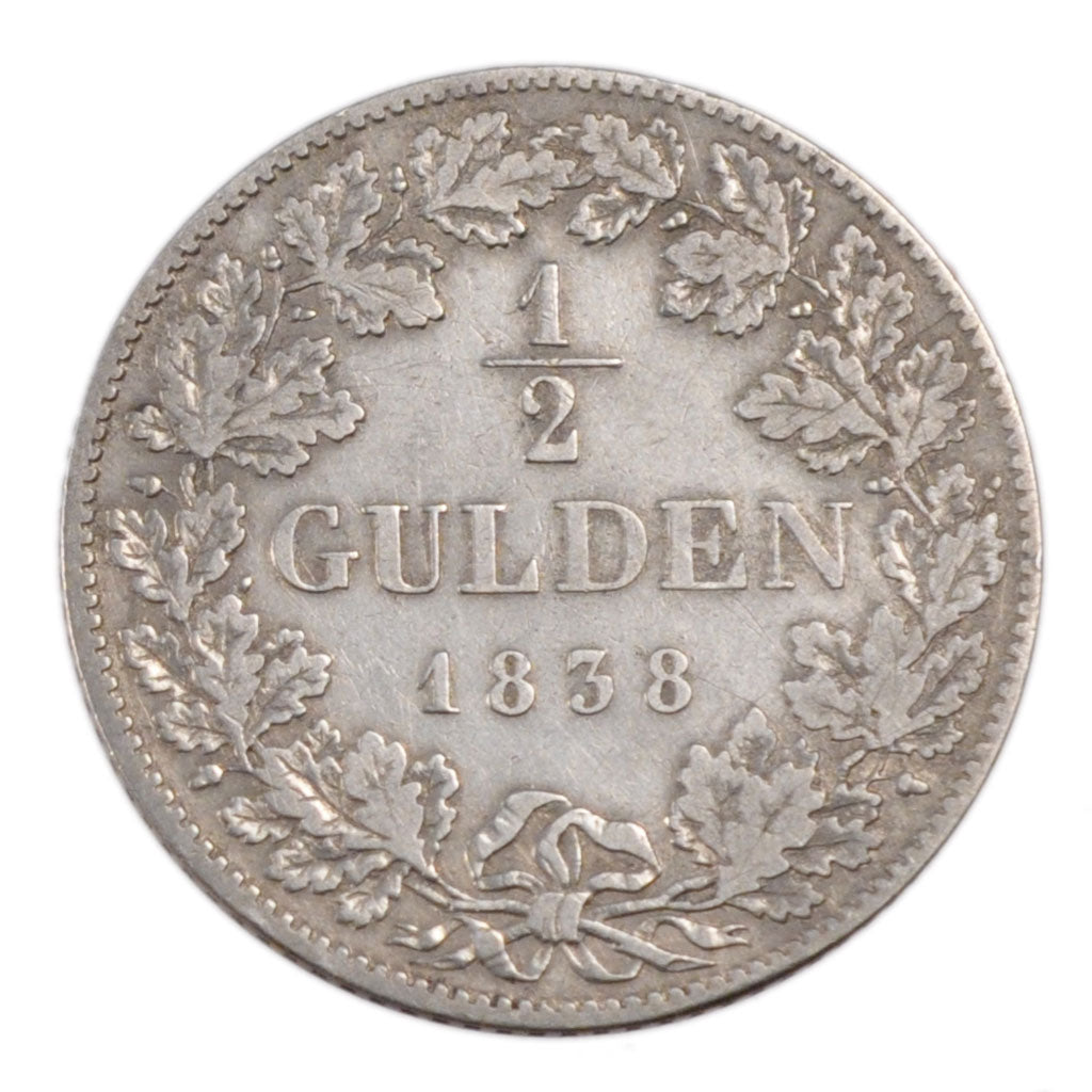 GERMAN STATES, 1/2 Gulden, 1838, KM #794, VF(20-25), Silver, 5.10