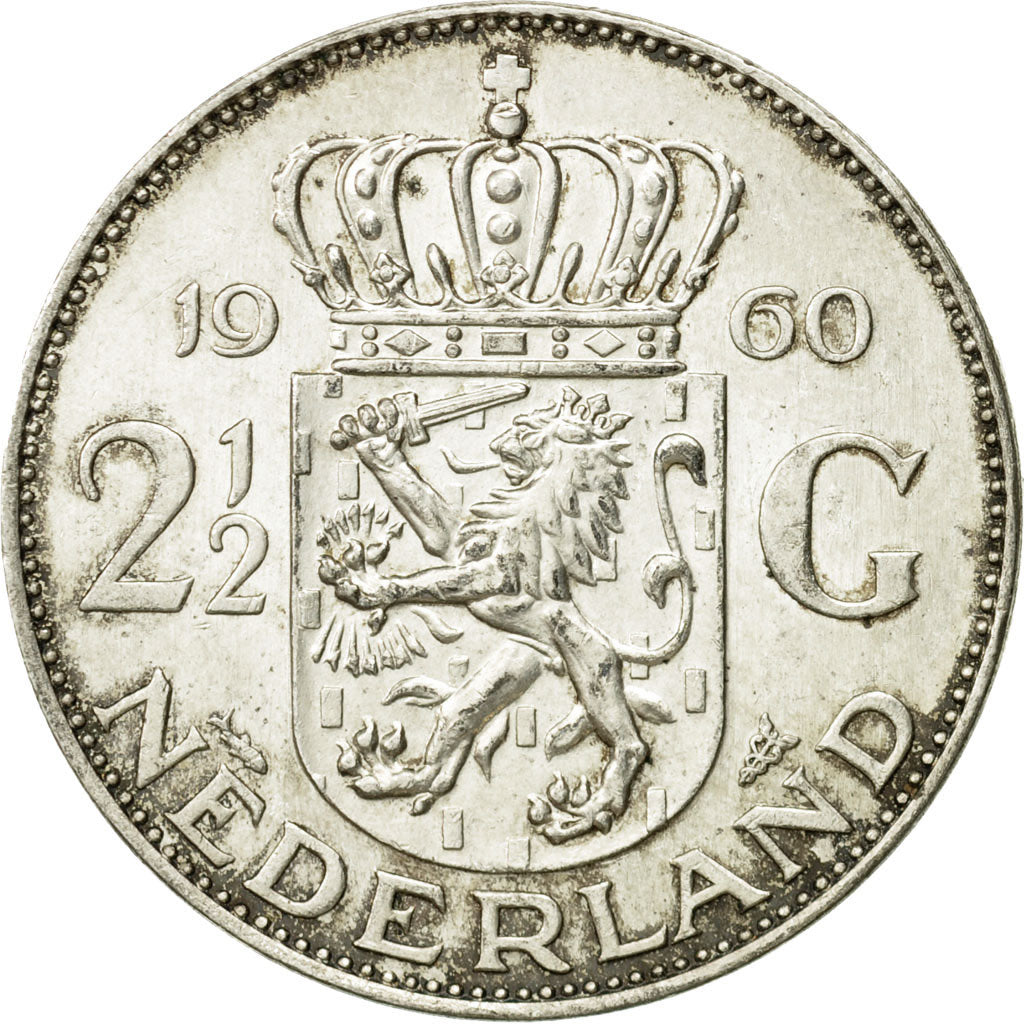 Coin, Netherlands, Juliana, 2-1/2 Gulden, 1960, VF(30-35), Silver, KM:185