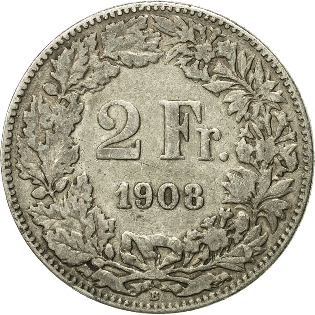 Coin, Switzerland, 2 Francs, 1908, Bern, EF(40-45), Silver, KM:21